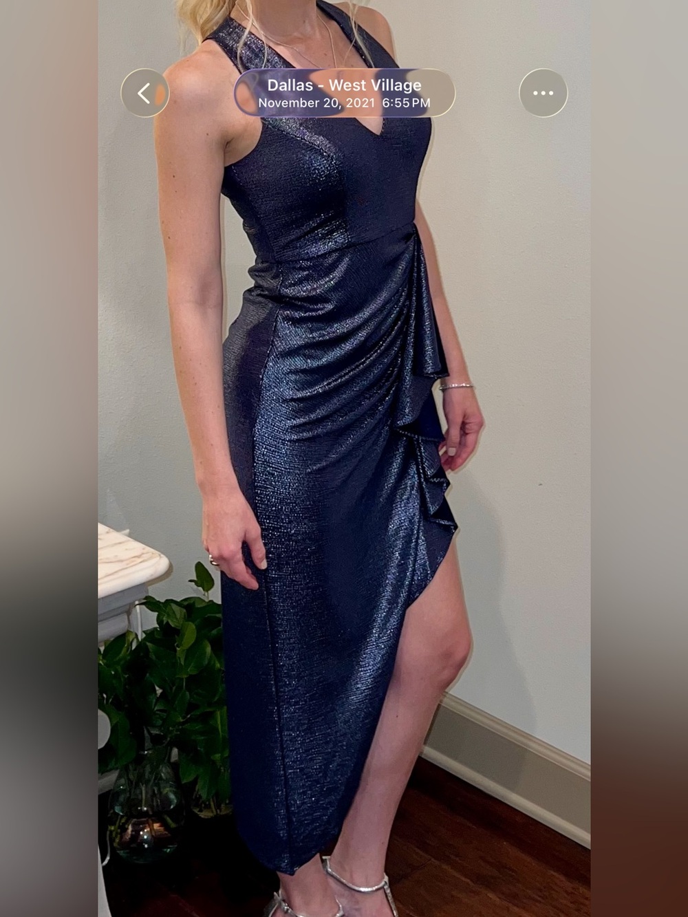 Aidan by Aidan Mattox Metallic Navy Asymmetrical Ruffle Dress